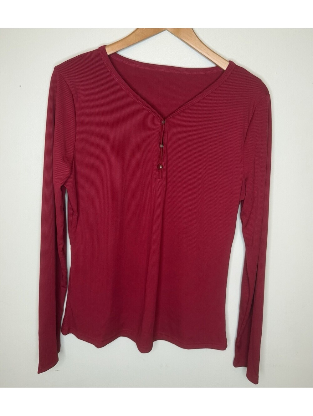 Women’s Ribbed Long Sleeve Shirt XL Red 3 Button Front V Neck Casual